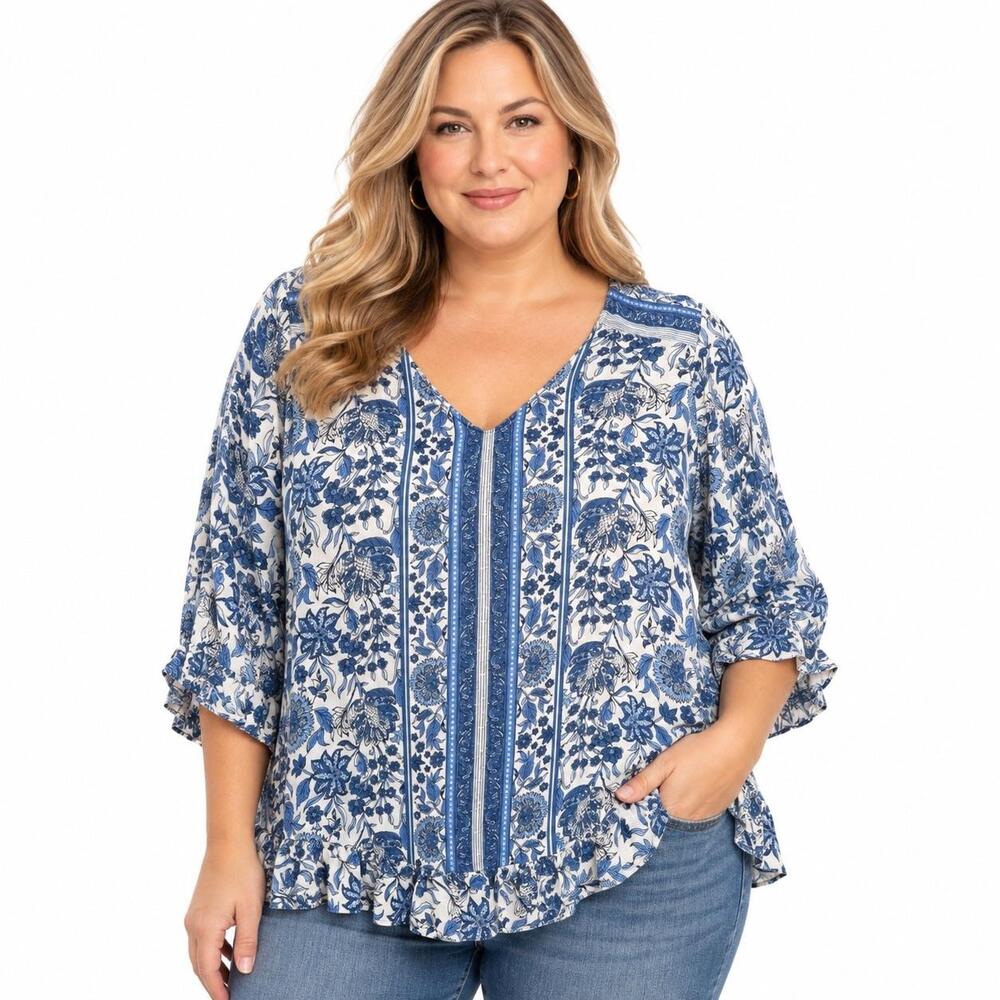 Cynthia Rowley Tunic Blouse Womens 1X Blue Floral V Neck 3/4 Bell Sleeve Top